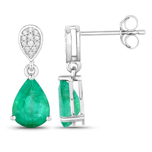 2.28 Carat Genuine Zambian Emerald and White Diamond 14K White Gold Earrings