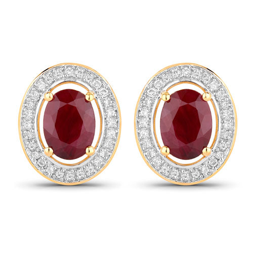 2.12 Carat Genuine Ruby and White Diamond 14K Yellow Gold Earrings