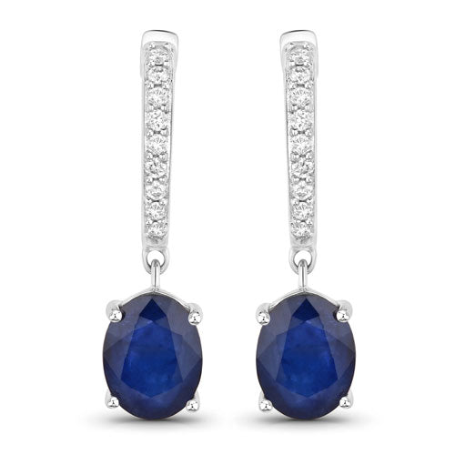 3.24 Carat Genuine Blue Sapphire and White Diamond 14K White Gold Earrings