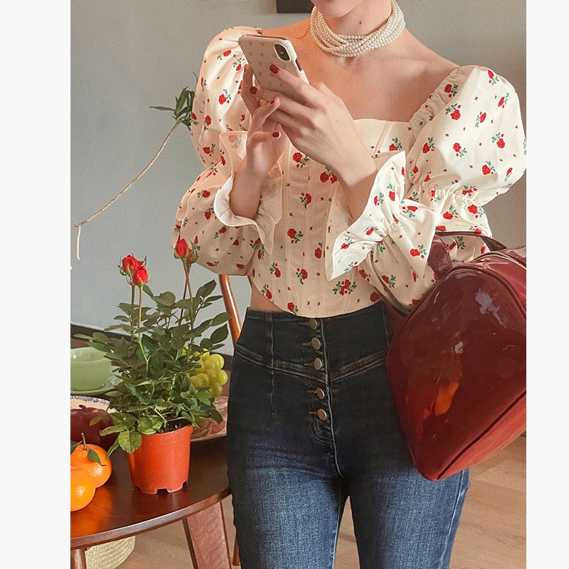 Slim Fit Square Neck French Puff Sleeve Shirt