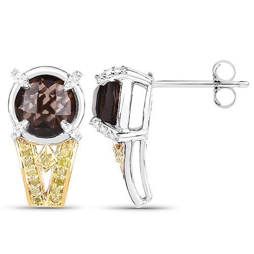 3.75 Carat Genuine Smoky Quartz, Yellow Diamond and White Diamond .925 Sterling Silver Earrings