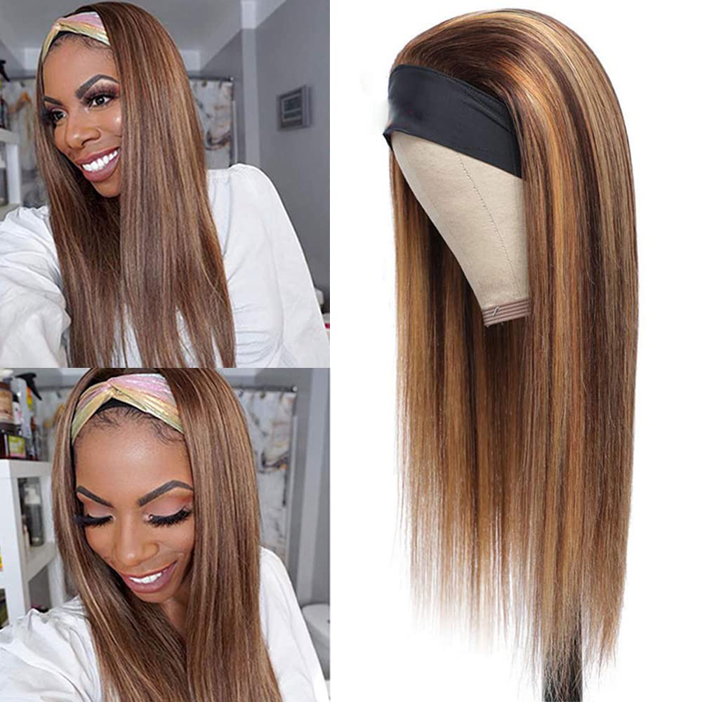 Highlight Headband Wig Brown Straight Headband Wig P4/27 Straight Wigs Brazilian Remy Hair Headband Wig Glueless None Lace Headband Wig Brown And Honey Blonde Color 18 Inch