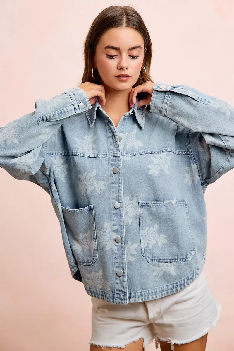 BiBi Printed Washed Denim Jacket With Pocket
