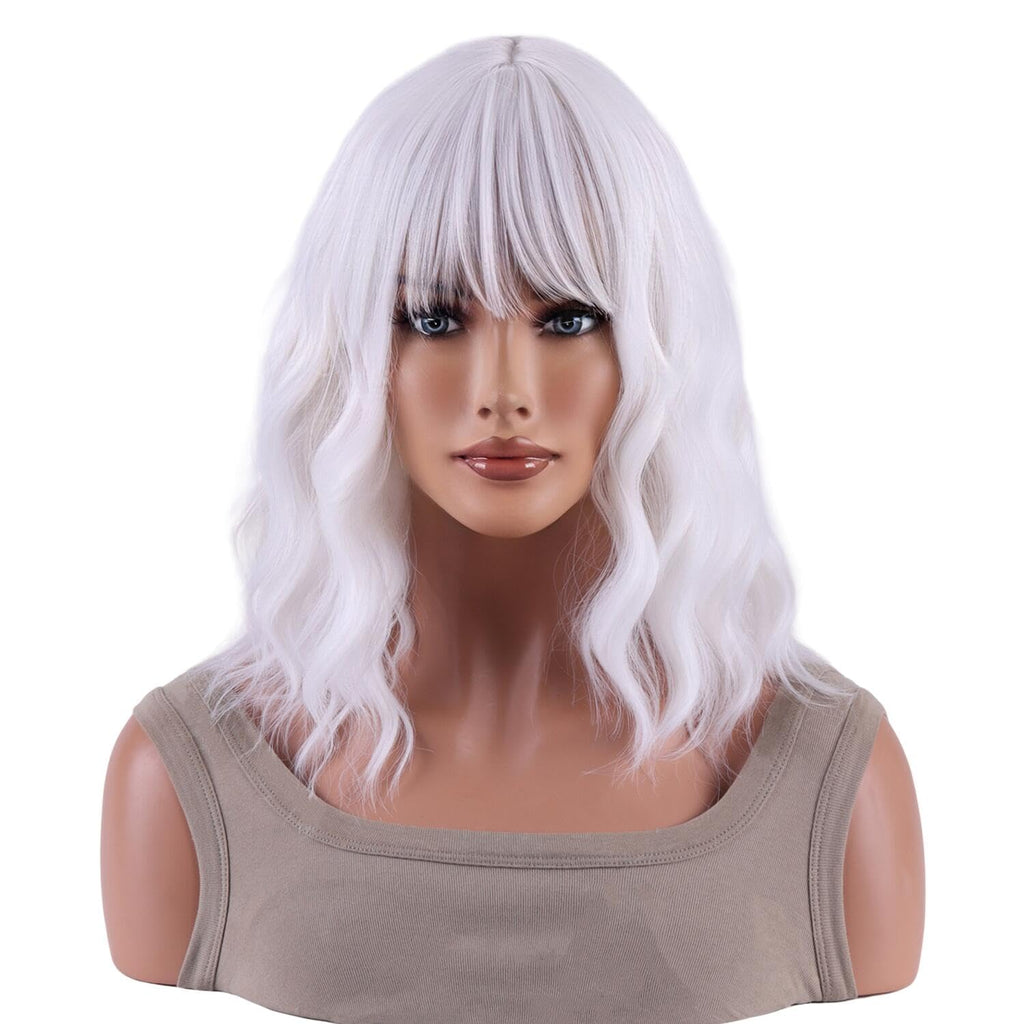 AneShe White Wig Short White Wavy Wig Curly Synthetic Hair Wig White Bob Wig with Air Bangs for Women Daily Wear Party Cosplay (14" White)