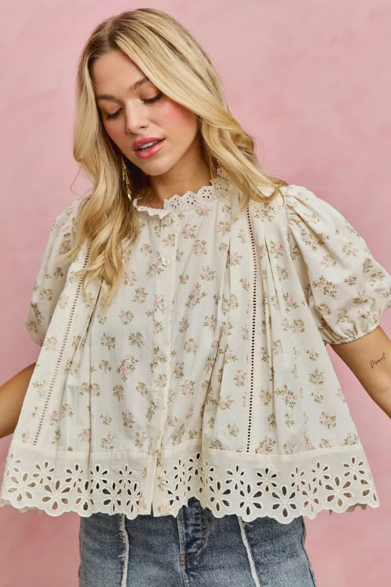 SO ME Floral Print Lace Trim Short Sleeves Blouse