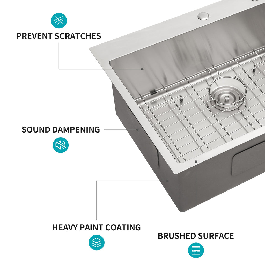 Modern Brushed Nickel 30 x 22 Inch Kitchen Sink Drop-In 16 Gauge Stainless Steel Single Bowl Topmount Basin
