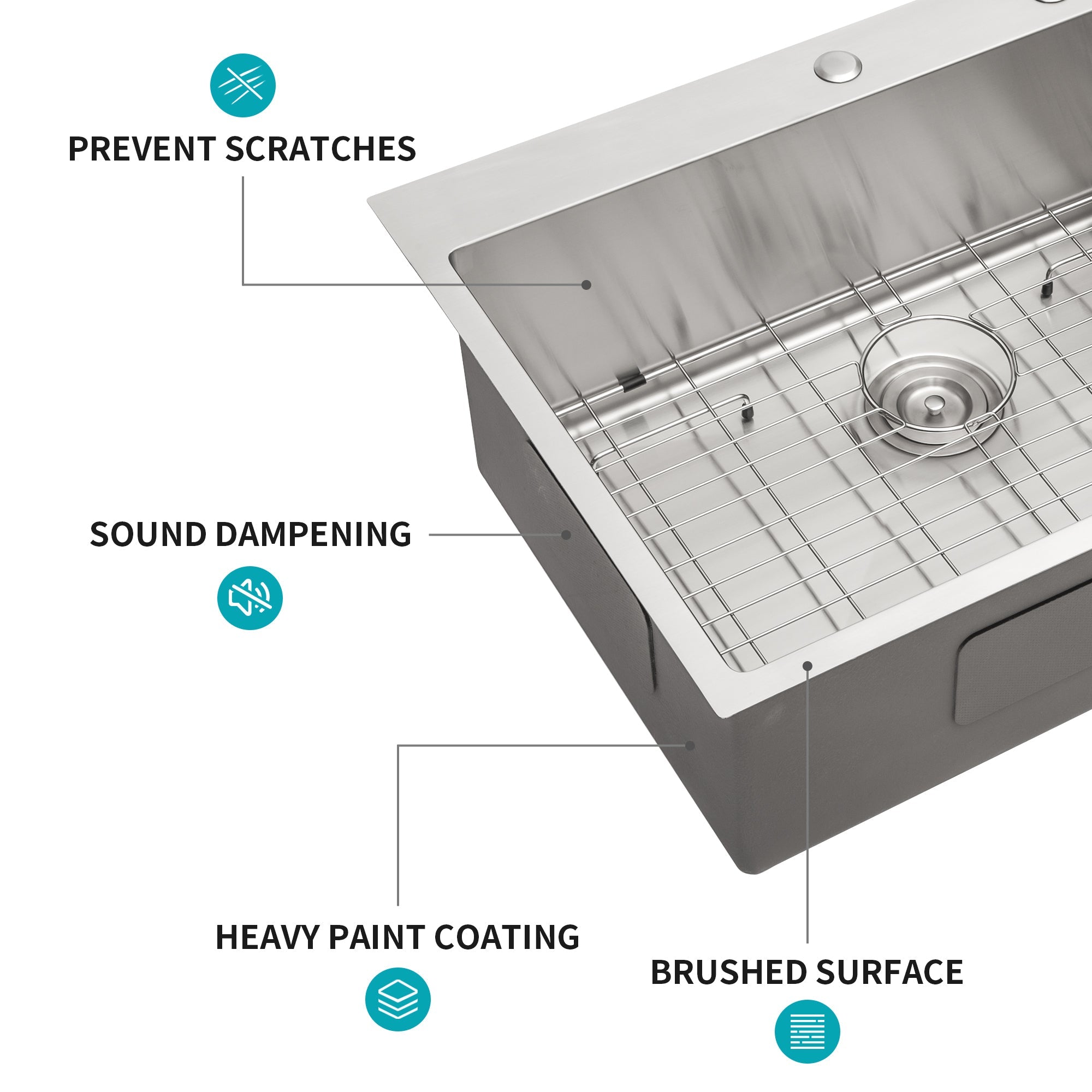 Modern Brushed Nickel 30 x 22 Inch Kitchen Sink Drop-In 16 Gauge Stainless Steel Single Bowl Topmount Basin