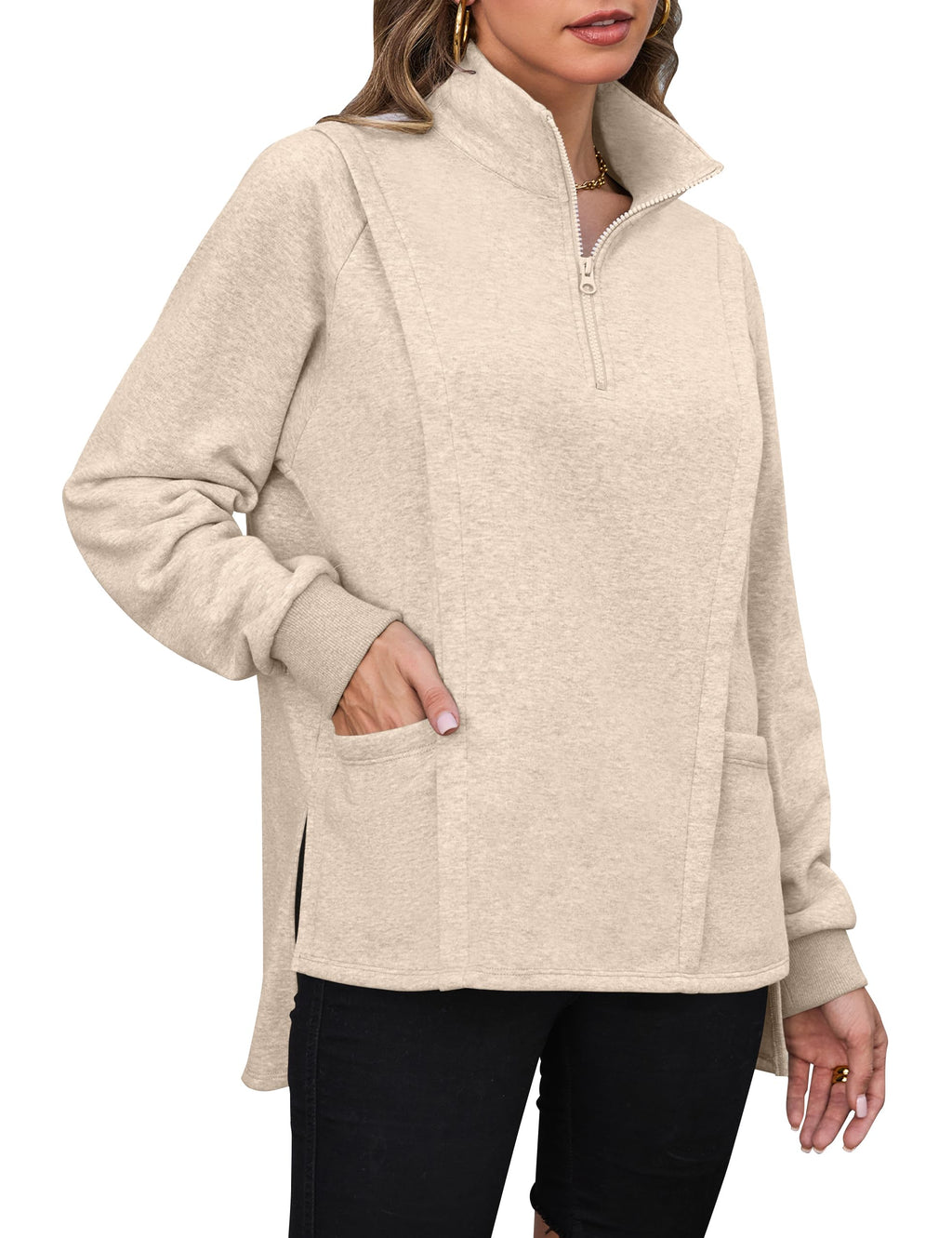 Blooming Jelly Women Oversized Sweatshirt Fleece Quarter Zip Pullover Casual Long Sleeve Tops Fall Clothes (L Beige)