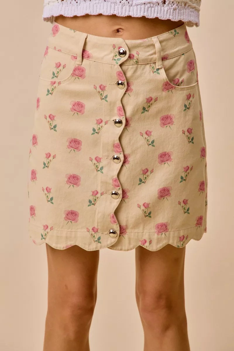 SO ME Floral Rose Print Cotton Twill Scallop Mini Skirt