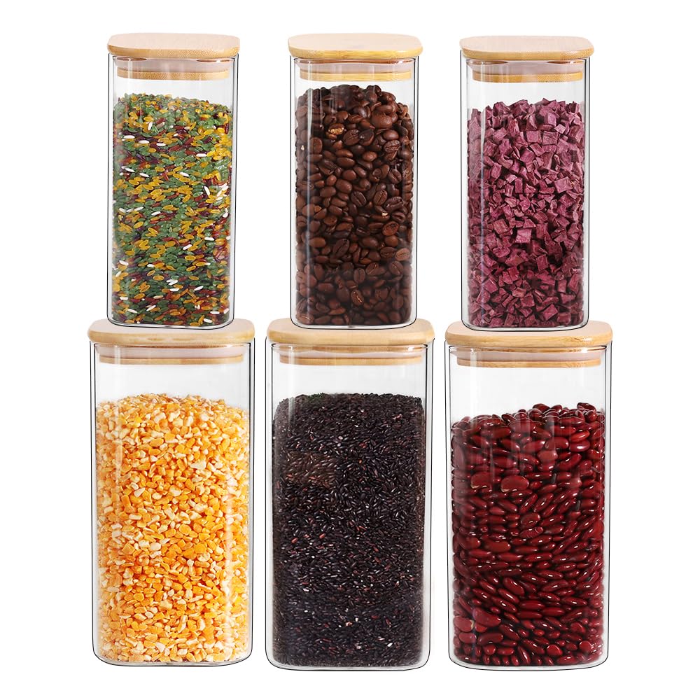 SAIOOL （Square High Borosilicate Glass Food Canisters Set of 6，50OZ*3+27OZ*3， Kitchen Pantry Storage Container for Noodles Flour Cereal Coffee Tea