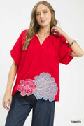 Umgee Floral Embroidered Hem Blouse
