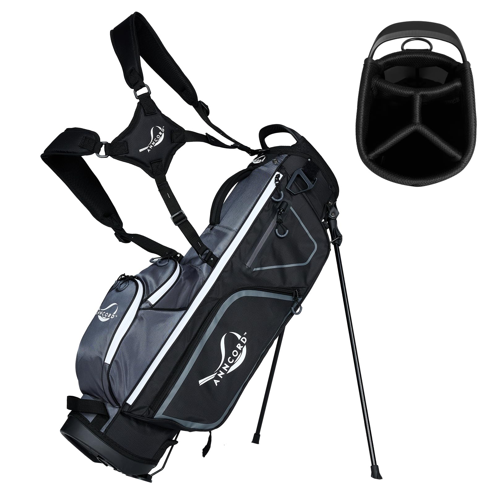 Anncord Golf Stand Bag with 4 Way Full Length Dividers 4.4 Lbs Lightweight Golf Bag for Men Women Waterproof Golf Carry Bags w/Stand 7 Pockets & Cooler Pouch Dual Straps Rain Hood (Grey)
