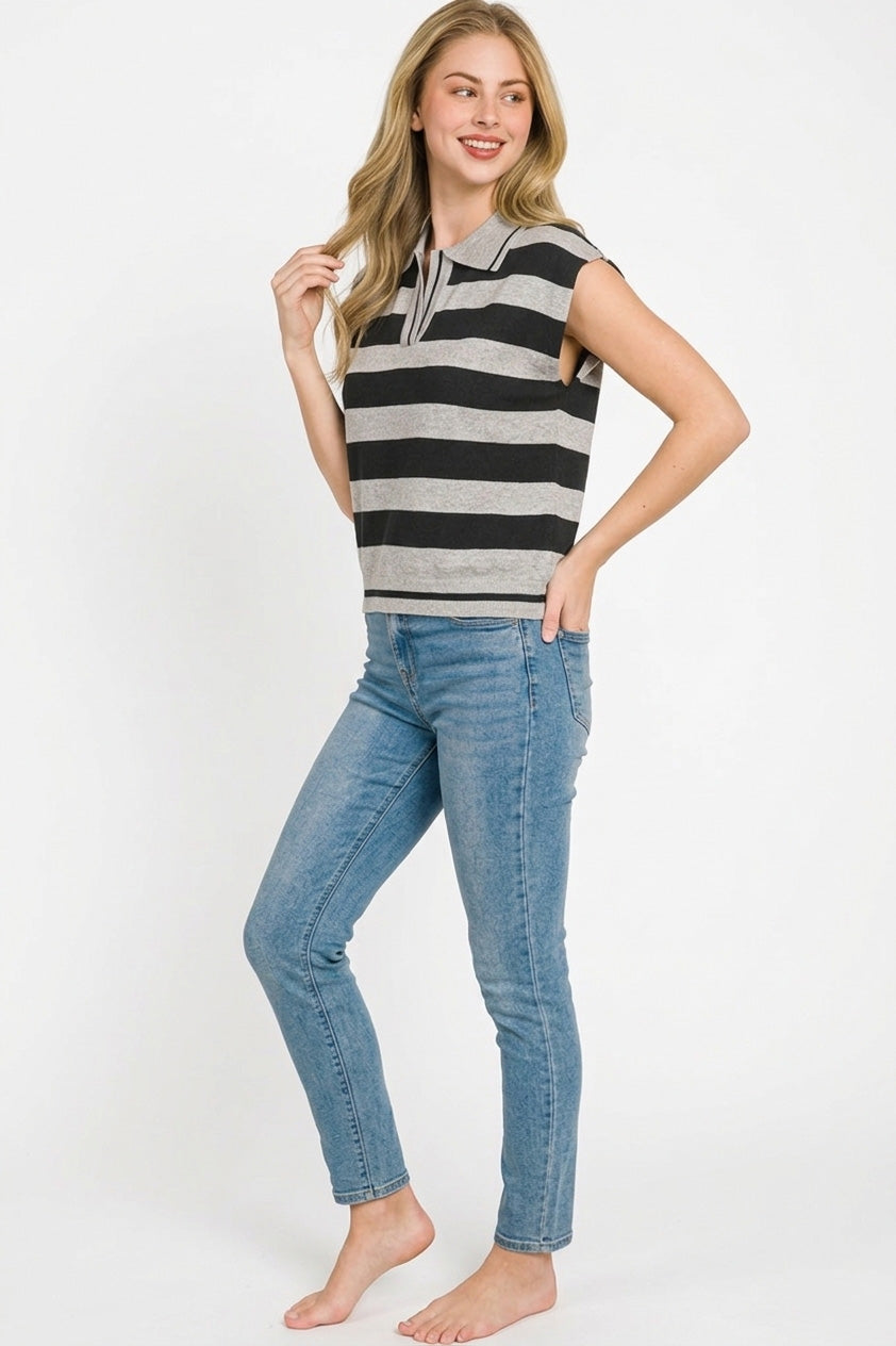Zenana Viscose Striped Collared Sweater Vest