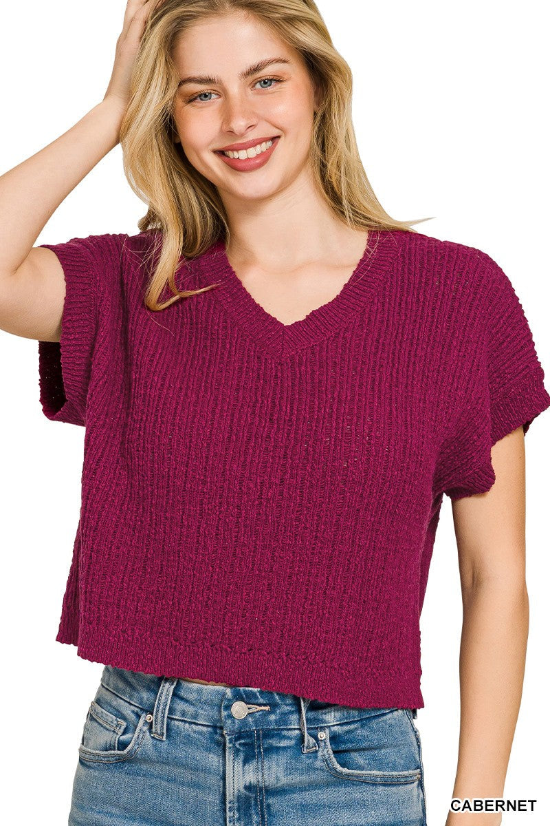 Zenana Textured Knit V-Neck Cropped Sweater