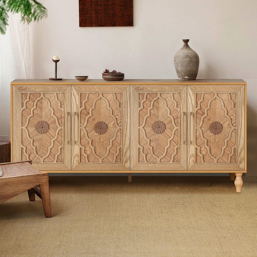 Carved Flower Door Large Storage Cabinet With Metal Handle Suitable For Living Room, Kitchen, Entryway(NATURAL WOOD)