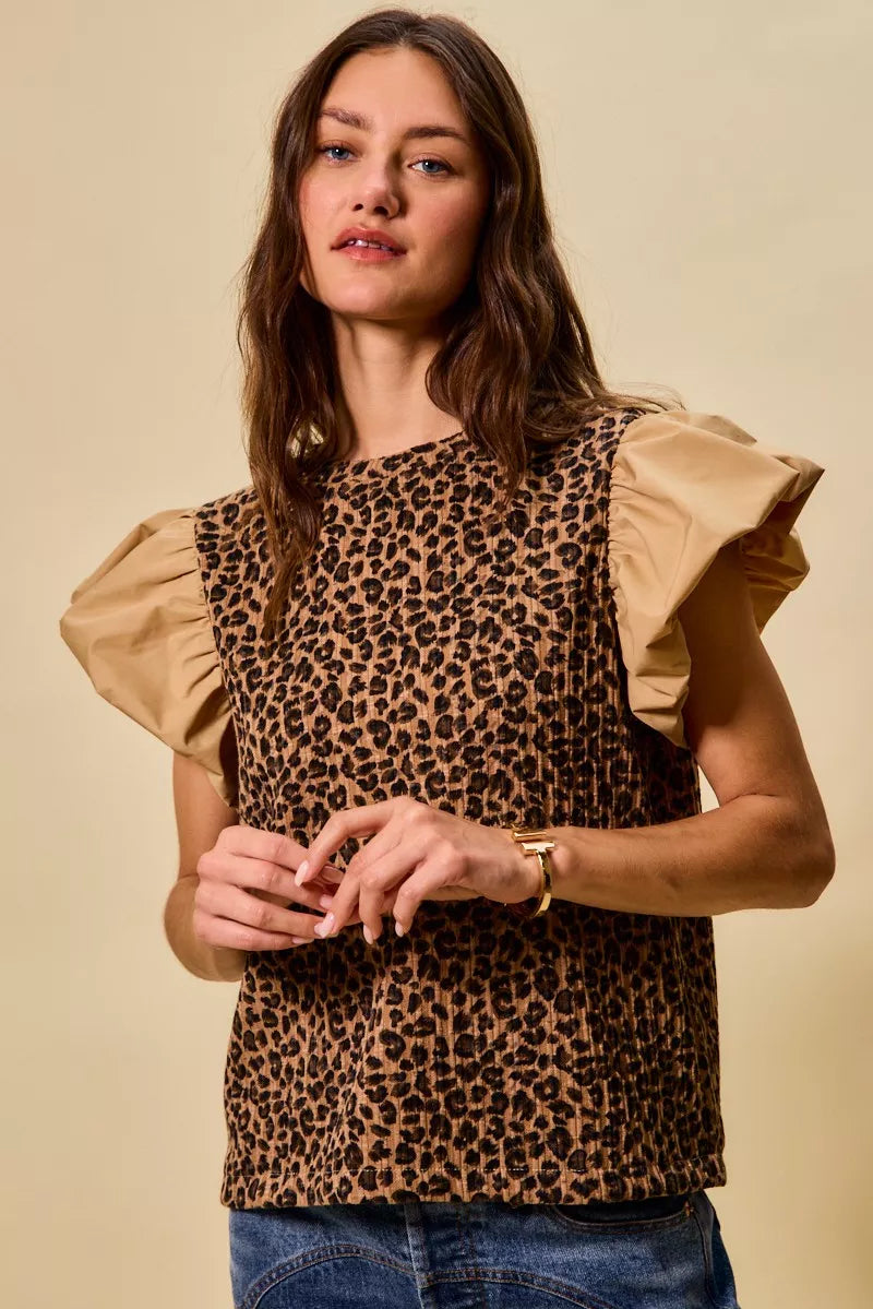 SO ME Leopard Pointelle Knit Top with Puff Sleeves