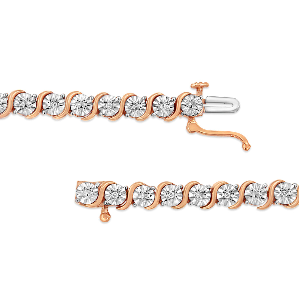 14K Rose Gold Plated .925 Sterling Silver 1/10 Cttw Diamond Round Miracle Plate and "S" Link Tennis Bracelet (I-J Color, I2- I3 Clarity) - 7"