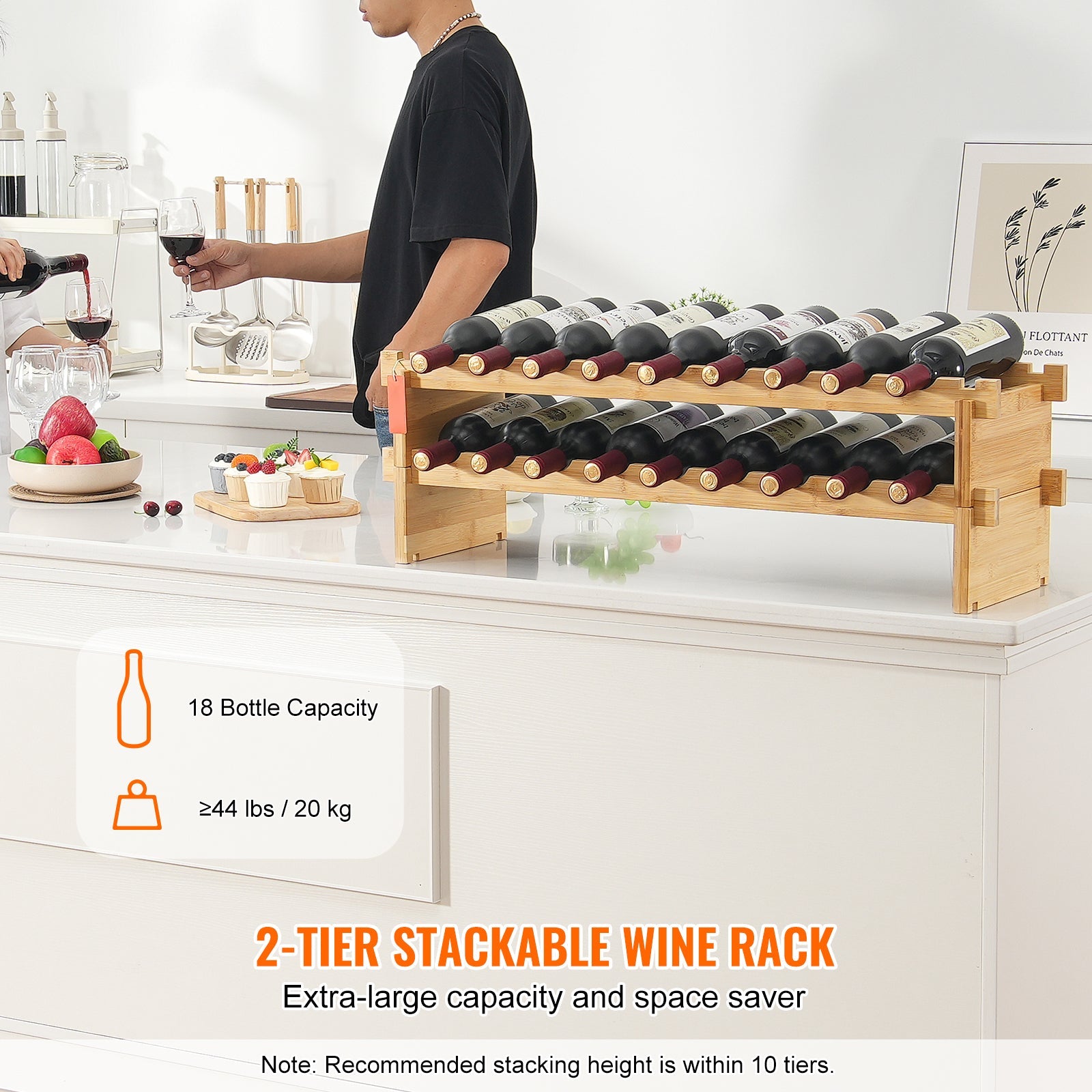 18 Bottle Stackable Modular Wine Rack Bamboo Wood Display Shelf 2-Tier