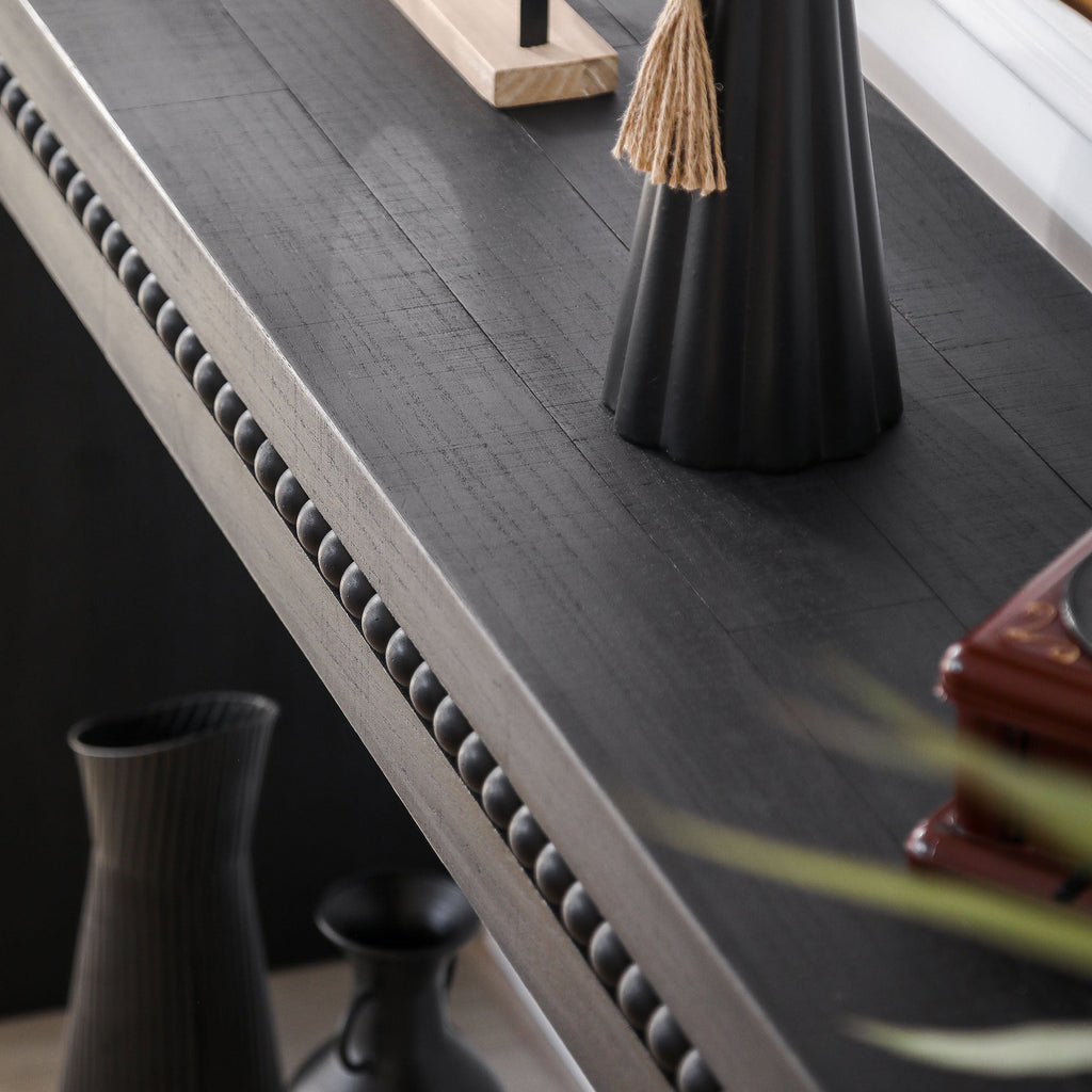 64in Modern Black Wood Console Table – Elegant Entryway Table with Decorative Beaded Trim