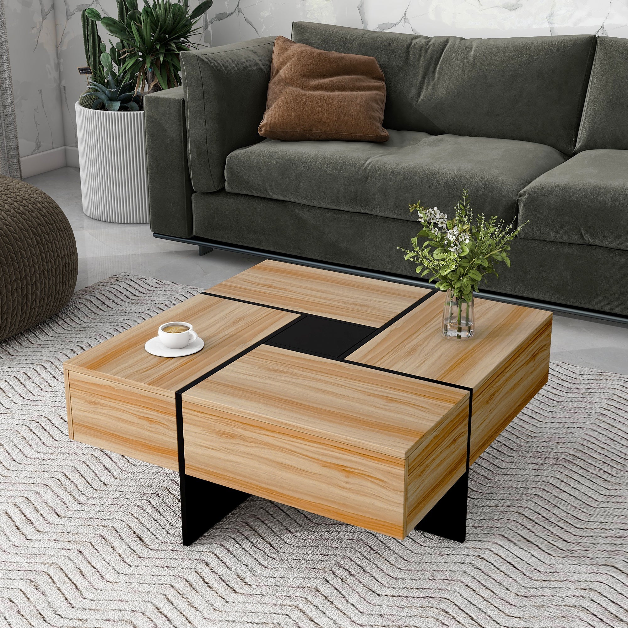 Hearth & Haven Wallace Coffee Table with 4 Hidden Storage Compartments, Brown