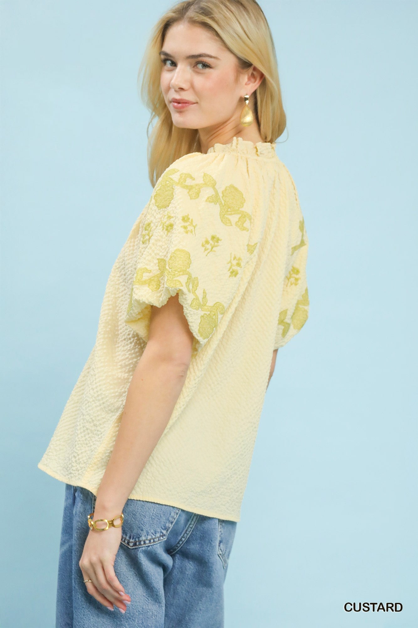 Umgee Embroidered Textured Flutter Sleeve Top