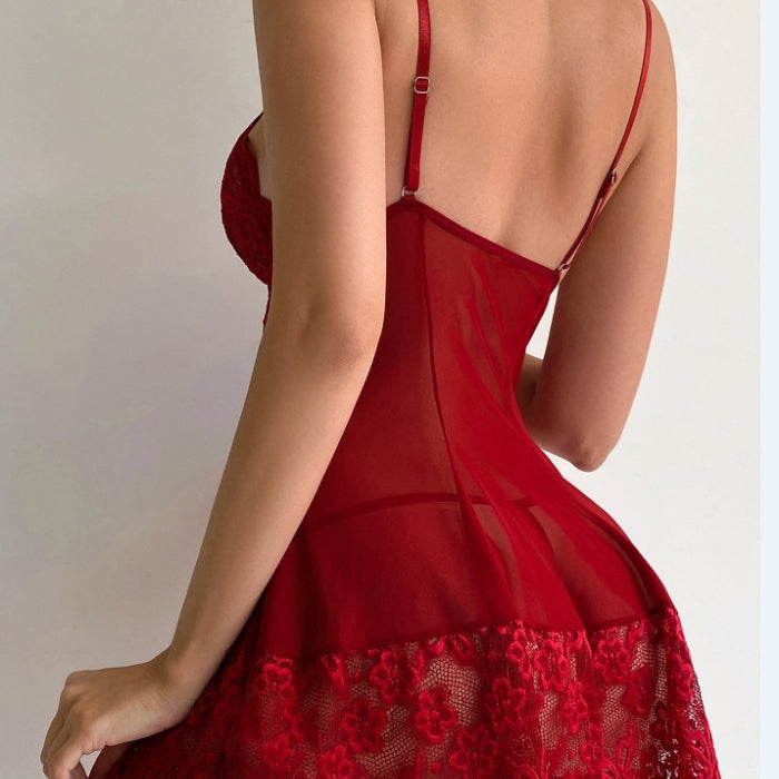 Women's Lace Loungewear Nightgown with Silk Suspenders
