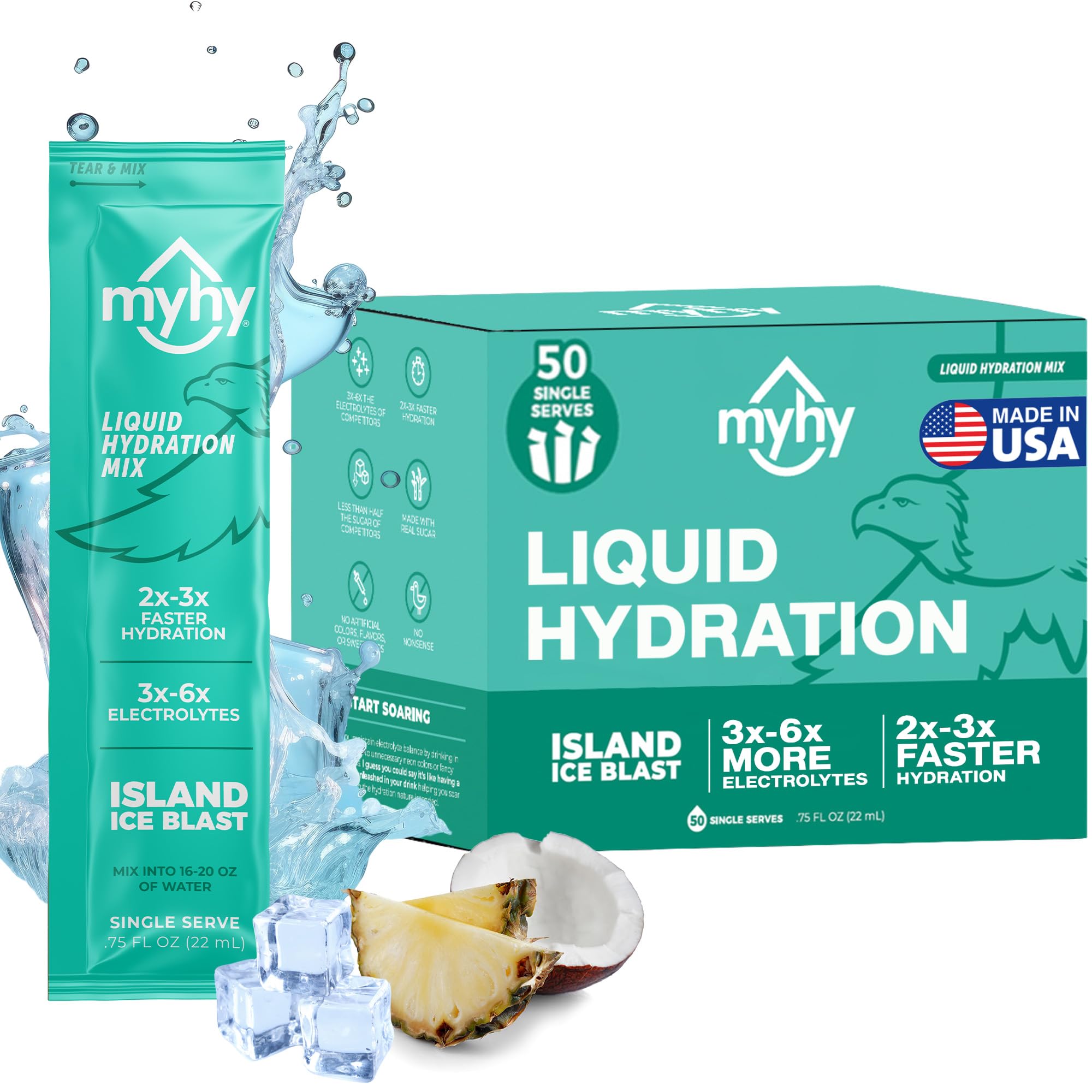 MyHy Liquid Hydration Packets Electrolyte Drink Mix for Adults & Kid Hydration Support Dehydration Relief for Travel Pregnancy Sports Hangovers Bachelor & Bachelorette Party–Island Ice 50 Count