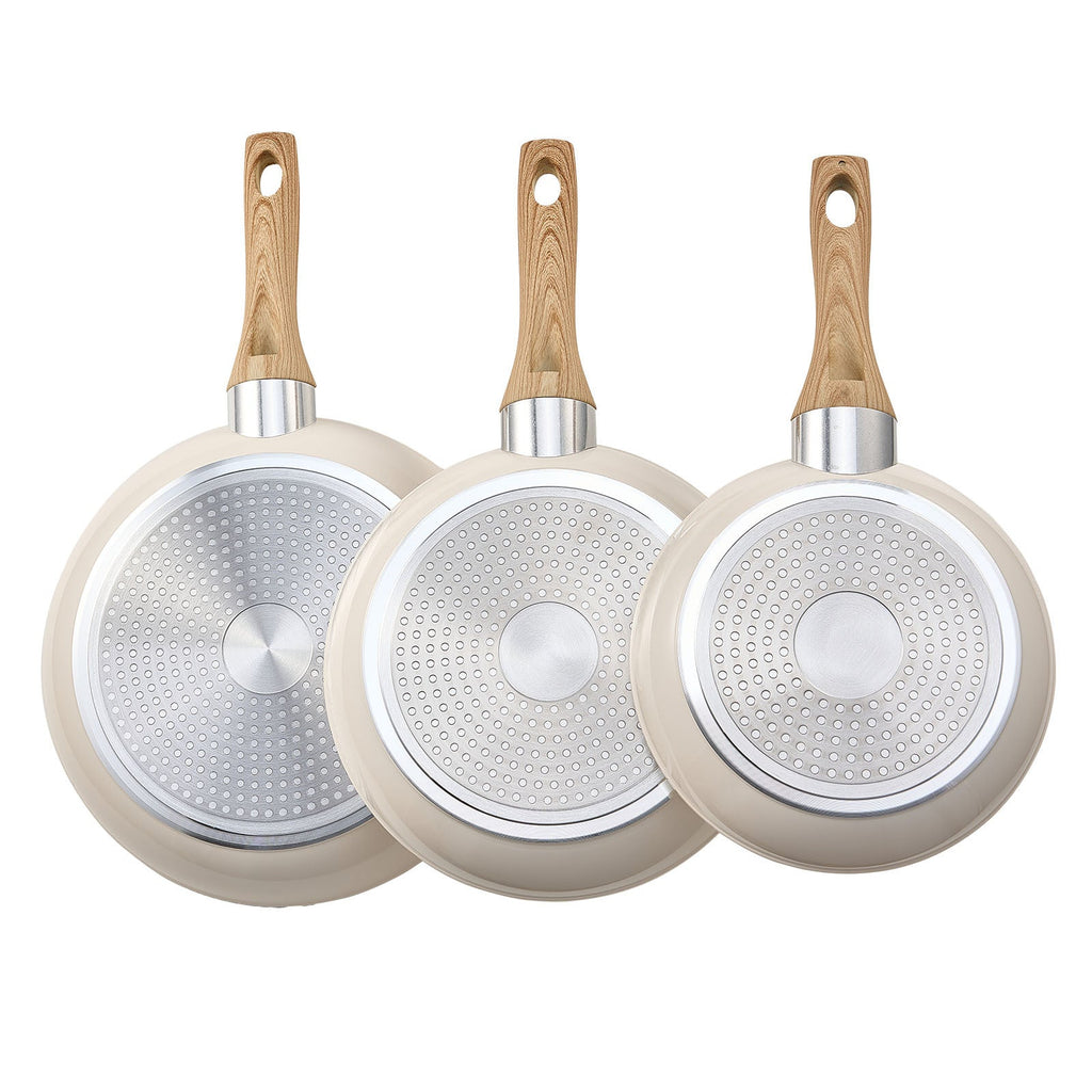 3 Piece Frying Pan Aluminum Skillet Set 8 9.5 11 in Handle Pre-Seasoned Beige