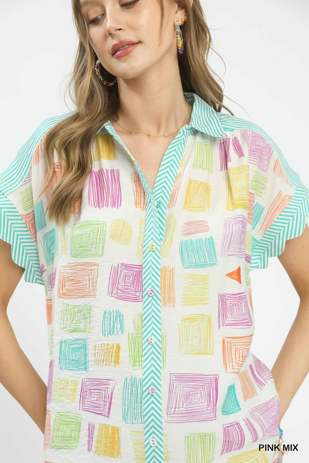 Umgee Mixed Media Print Button Front Collared Top