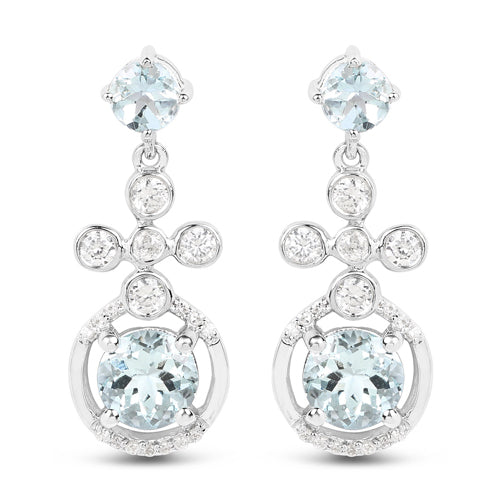 4.42 Carat Genuine Aquamarine and White Zircon .925 Sterling Silver Earrings