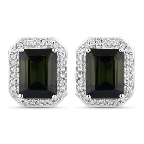 3.57 Carat Genuine Green Tourmaline and White Diamond 14K White Gold Earrings