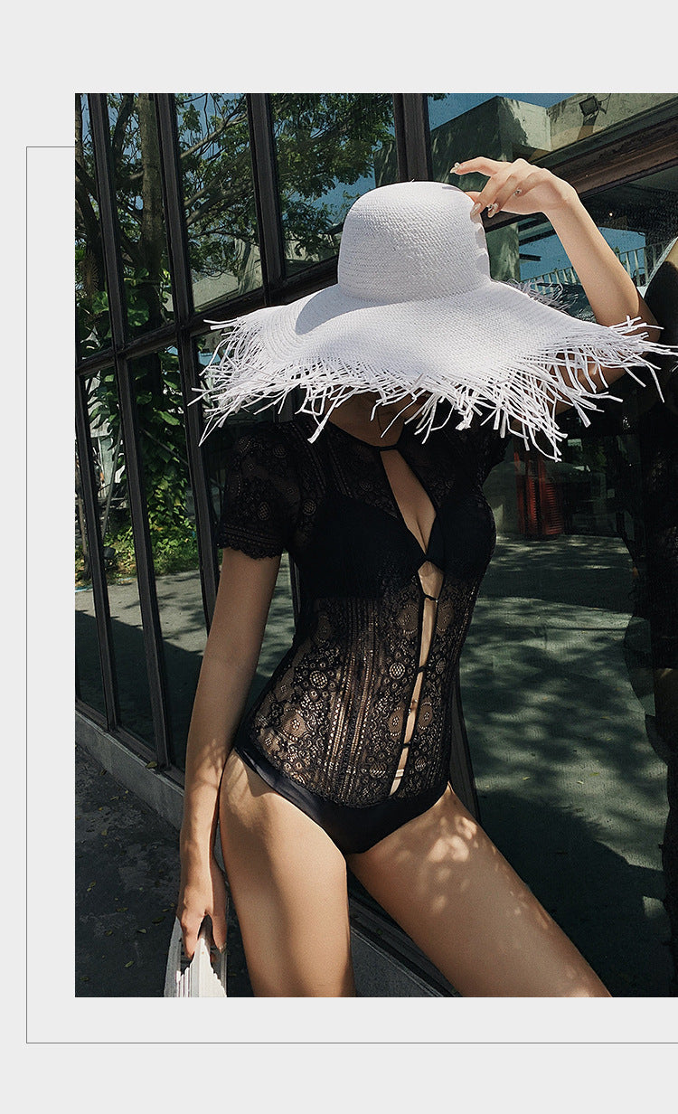 New European and American Lace Deep V Back Swimsuit