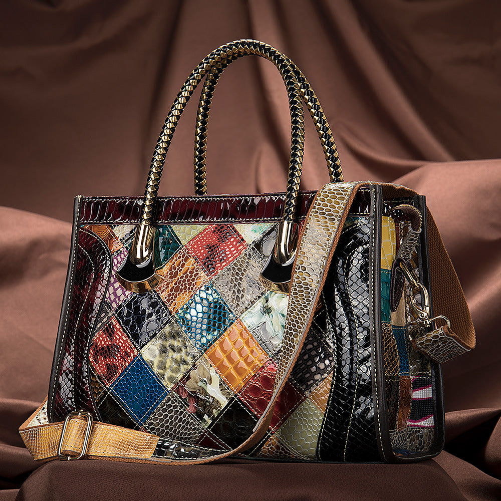 New Women's Color-Block Top Leather Handbag (Large Capacity)