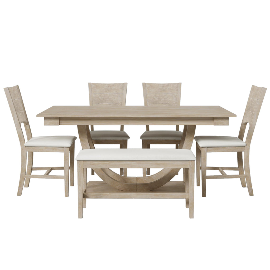 TOPMAX Modern Style Natural Wood 6-Piece Dining Table Set with Bench and Chairs, Upholstered Seats, Rubberwood Frame