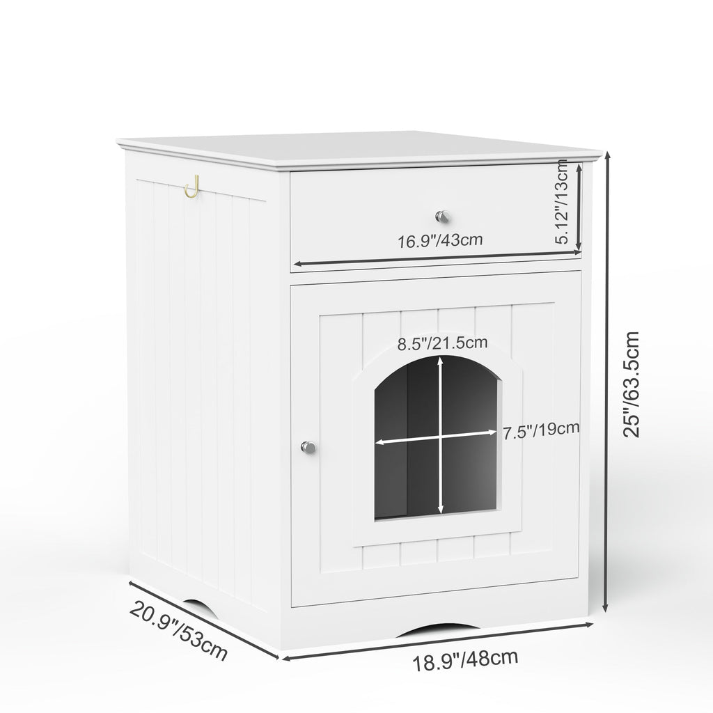 White Wooden Pet House Cat Litter Box Enclosure with Drawer and Side Table, Indoor Cat Home Nightstand for Small Cats, MDF Construction, 18.9'' W x 20.9'' D x 25'' H