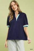 Umgee Luxe knit Contrast Trim Puff Sleeve Top
