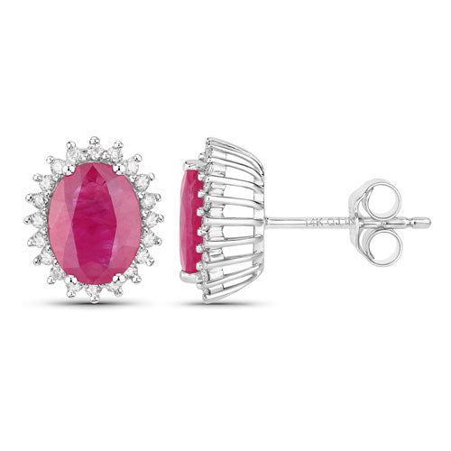 3.14 Carat Genuine Ruby and White Diamond 14K White Gold Earrings