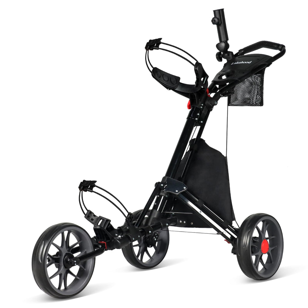 Lakehood Golf Push Cart 3 Wheel Golf Push Cart Foldable and Lightweight Golf Pull Cart Push Cart Golf Easy to Open/Fold Golf Bag Cart with Umbrella Stand Storage Bag Cup Holder