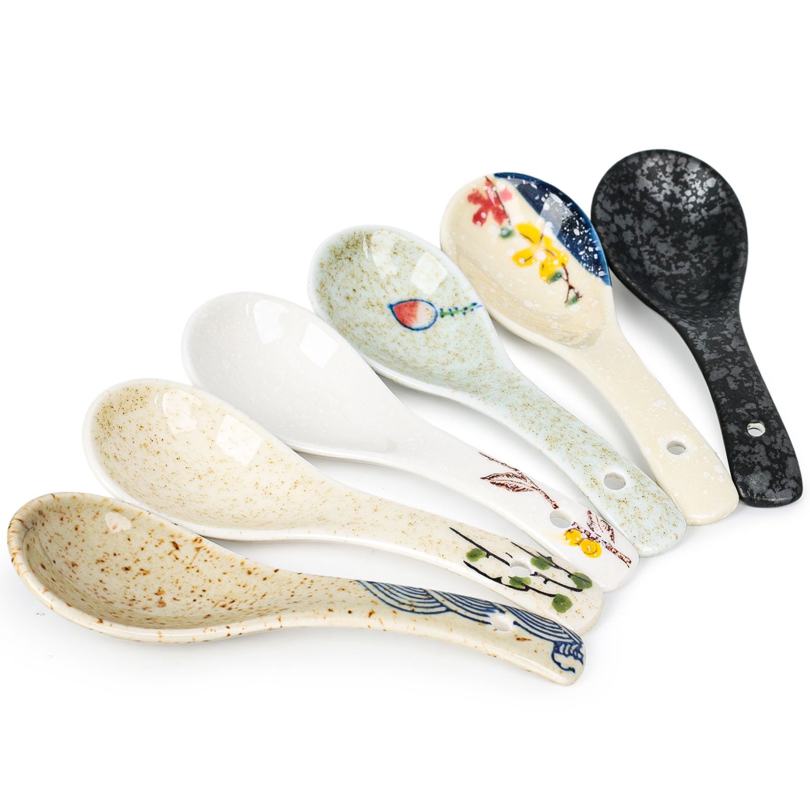 HANSGO Japanese Retro Soup Spoons Flatware Chinese Serving Spoons for Asian Dishes Like Rice Noodles Soup Pho Appetizers 6 PCS
