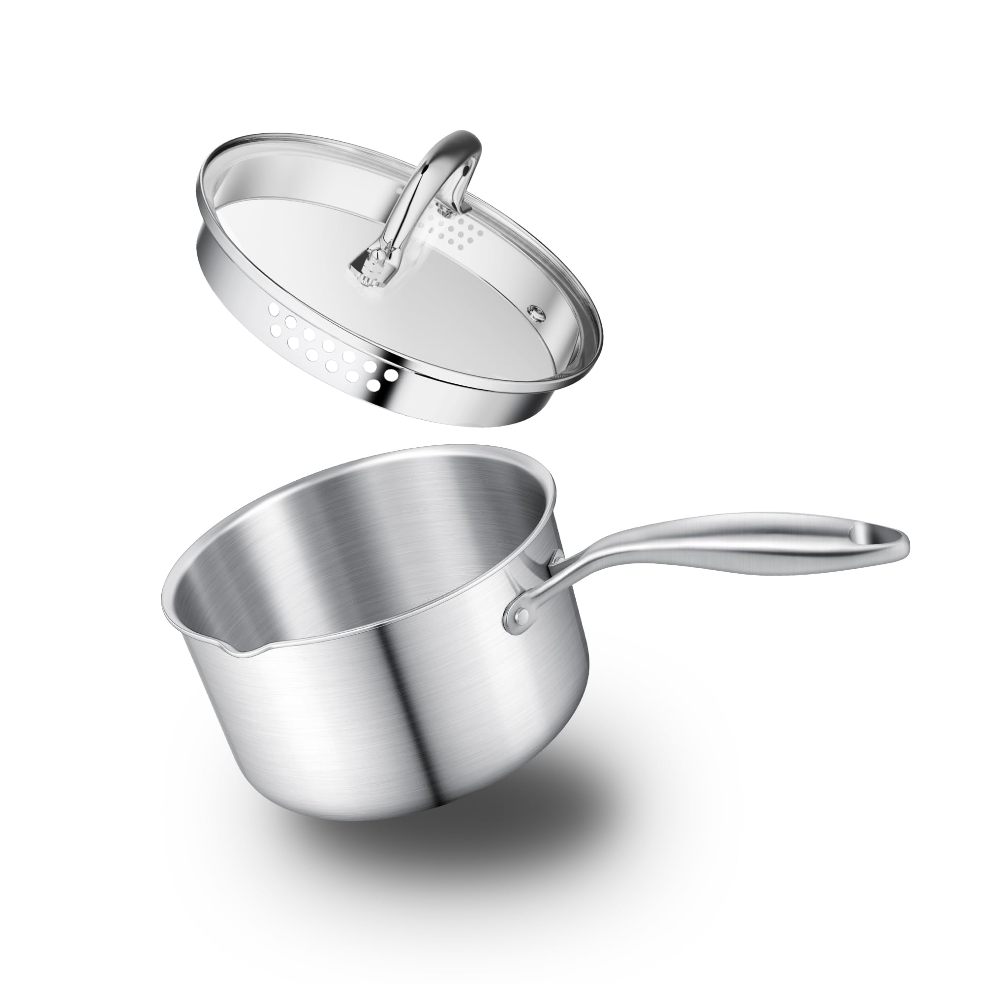 Leetaltree 1.5 Quart Stainless Steel Saucepan with Glass Strainer Lid Thicken Tri-ply Ful Body Multipurpose Sauce Pot with Two-Size Drainage Holes Lid Perfect For Boiling Gravies Pasta Noodles