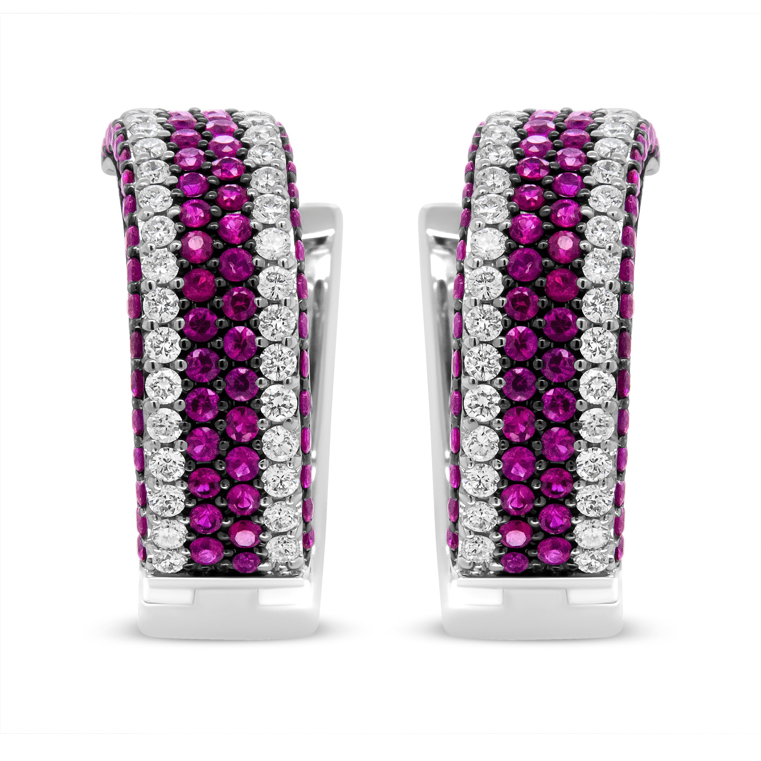 18K White Gold 1 7/8 Cttw Diamond and 1mm Round Red Ruby Open Swish Hoop Earrings (F-G Color, VS1-VS2 Clarity)