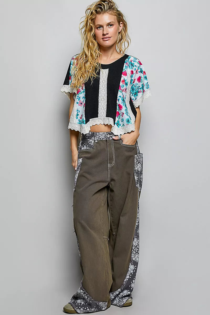 POL Round Neck Ribbed Cropped Top with Lace Detail