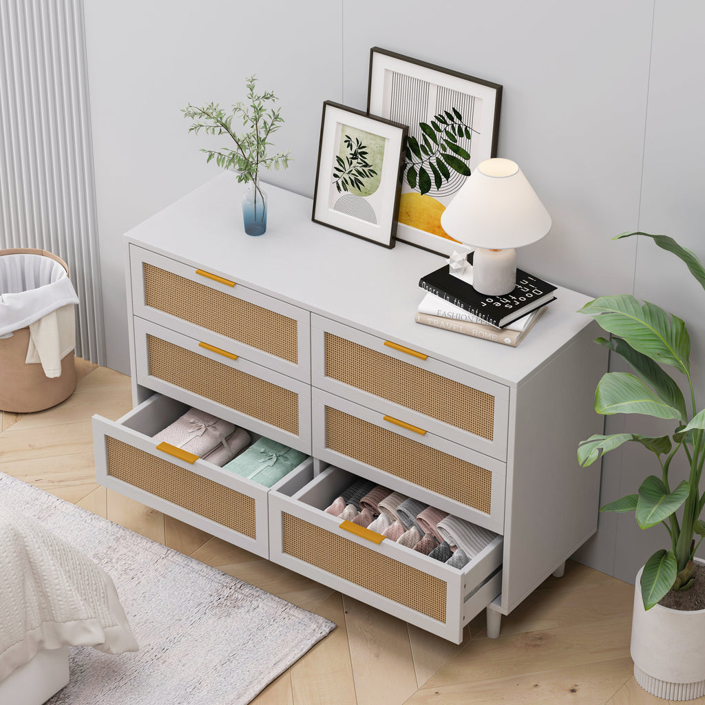 43.31'6-Drawers Rattan Storage Cabinet Rattan Drawer,for Bedroom,Living Room,White