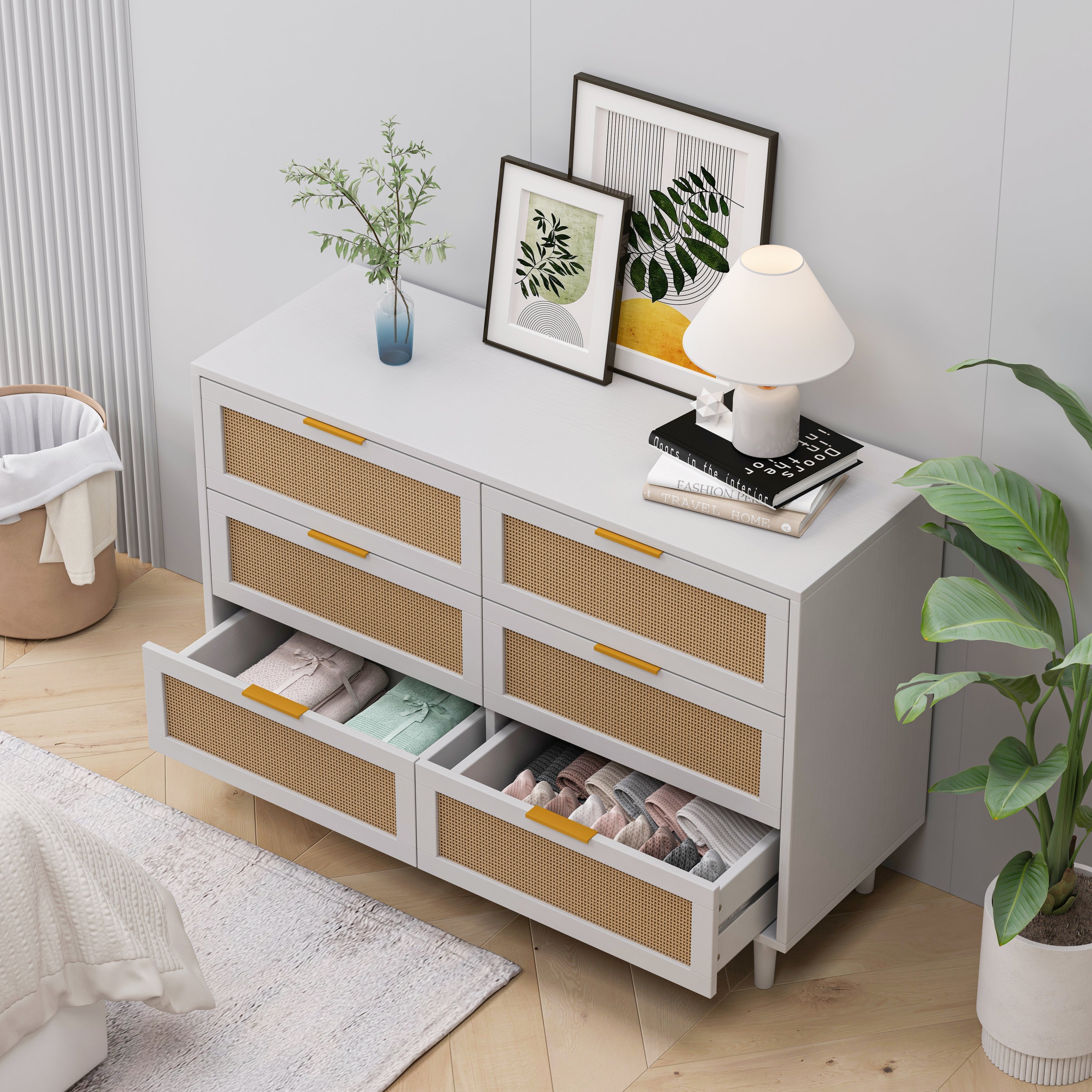 43.31'6-Drawers Rattan Storage Cabinet Rattan Drawer,for Bedroom,Living Room,White