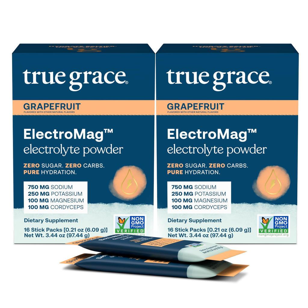 True Grace ElectroMag - 16 Stick Packs (Pack of 2) - Grapefruit - Electrolyte Powder for Rapid Hydration - Sodium Potassium Magnesium & Cordyceps - Zero Sugar & Carbs - Non-GMO - 32 Total Servings