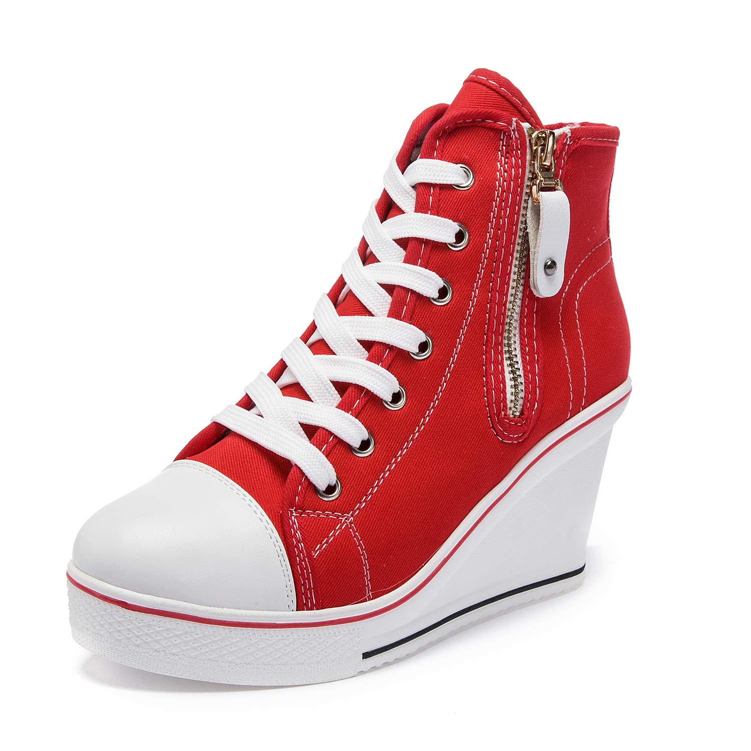 Womens Canvas High-Heeled Shoes Fashion Sneakers Casual Shoes for Walking Platform Wedges Pump Shoes red 5