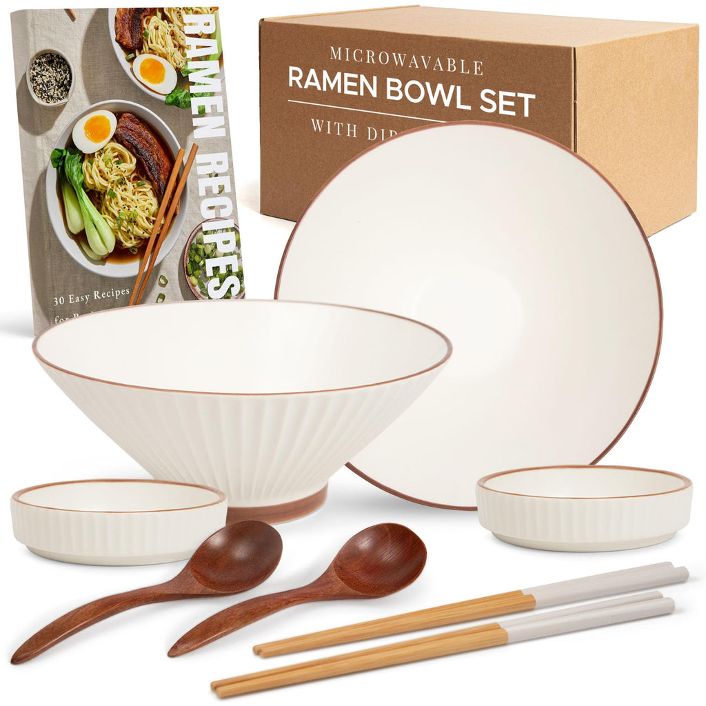Ceramic Ramen Bowl Set of 2 – Large 34oz Noodle Bowls with Chopsticks Spoons & Dipping Dishes – Traditional Japanese Soup Bowls and Spoons Set - Ramen Noodle Bowl Set for Udon Soba Pho Asian Noodles