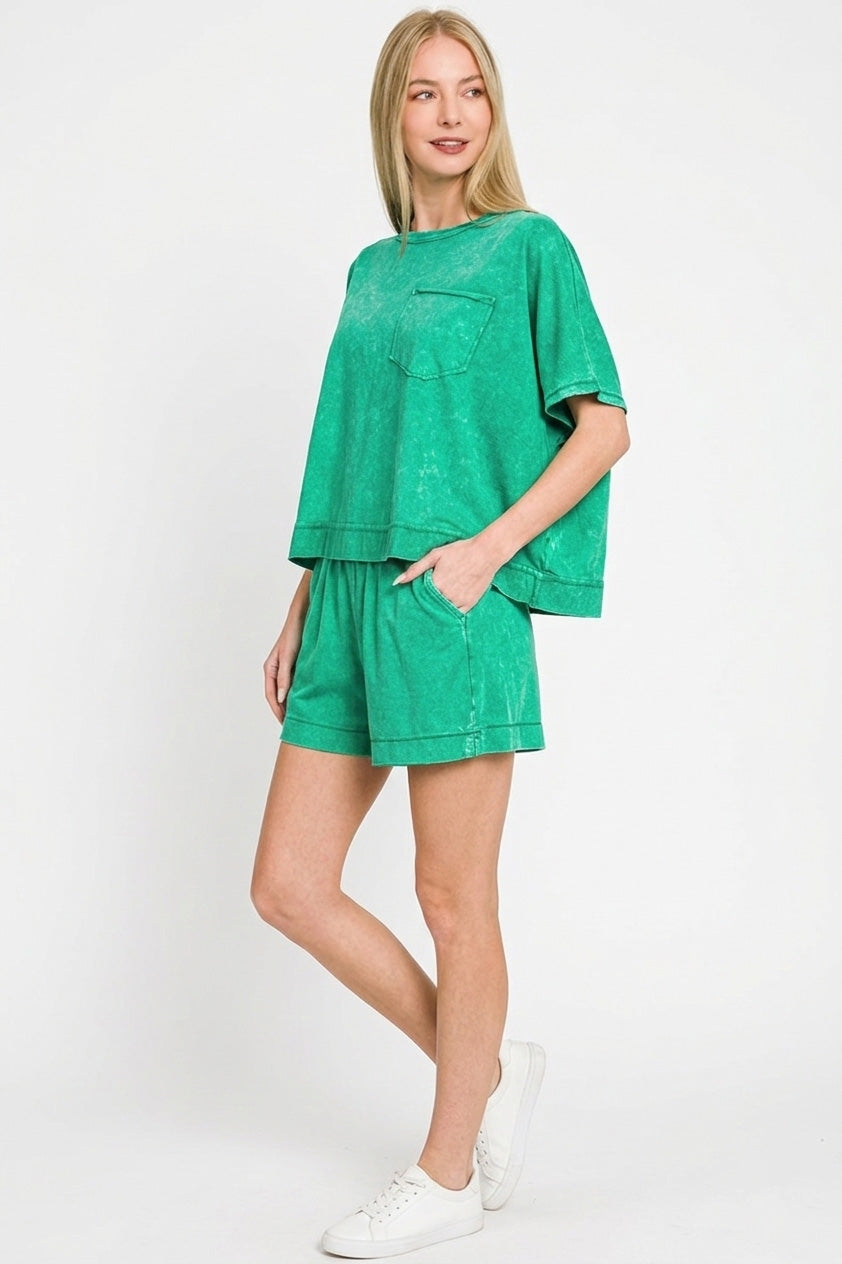Zenana Acid Washed Oversized Top & Shorts Set