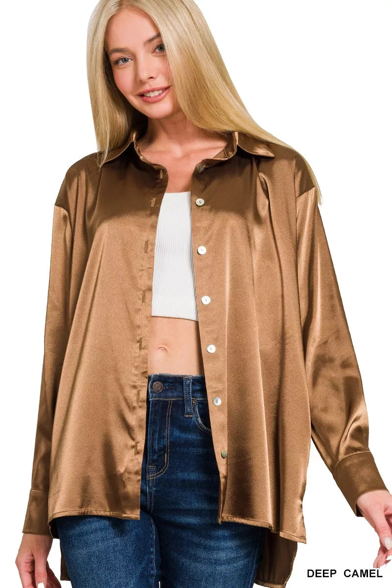 Zenana Satin Button Down Long Sleeve Shirt