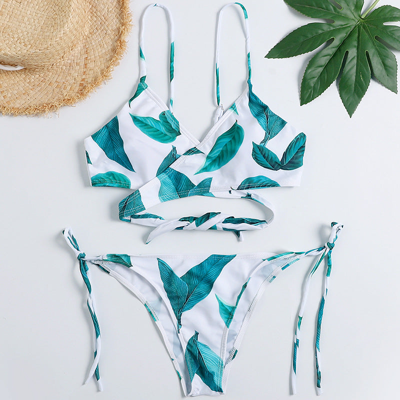Women's Leaf Print Cross Bikini Swimsuit (New Style)
